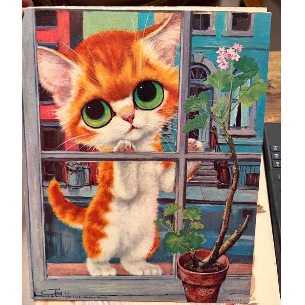 1960s Gig "Pity Kitty" Cat Art Print – Large Eyes Orange Tabby Window Scene